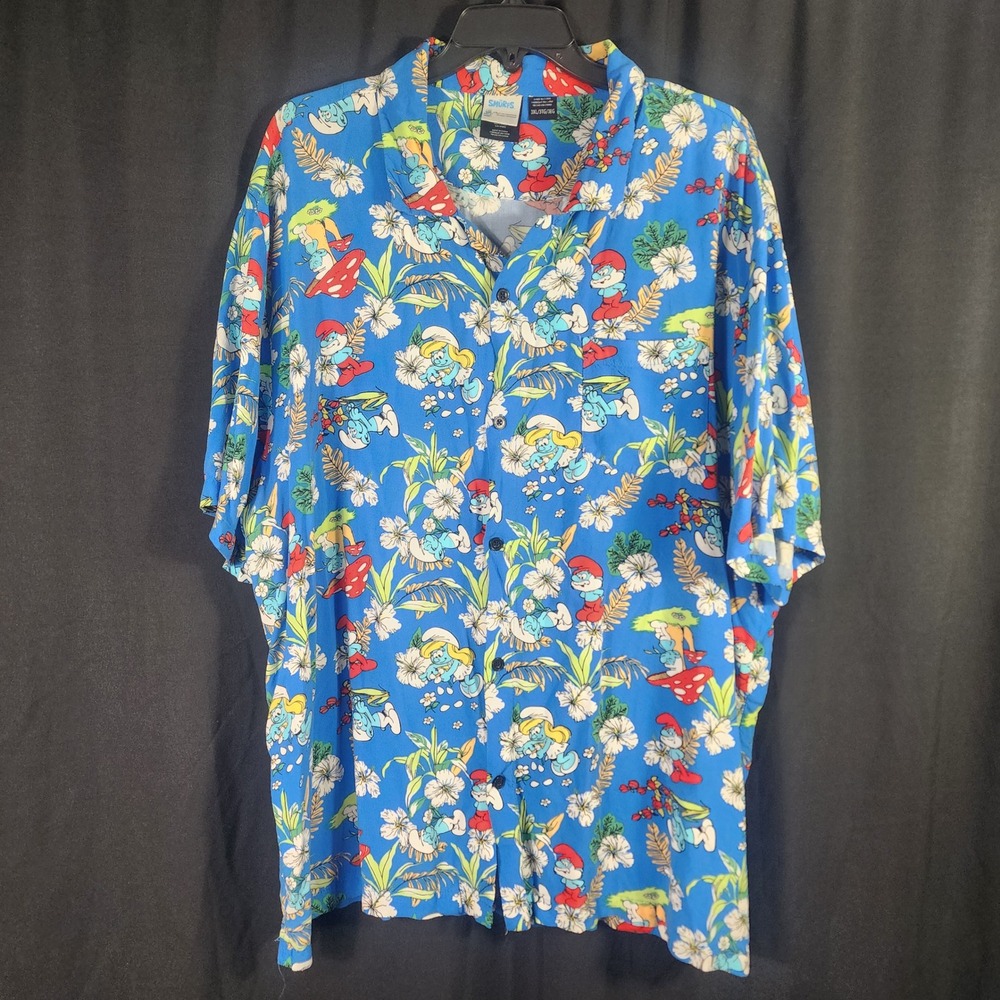 The Smurfs Mad Engine Mens‎ 3XL Blue Tropical Hawaiian Rayon Button Down Shirt